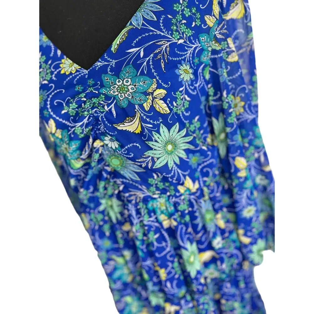 QVC Susan Graver Printed Mesh V-Neck 3/4 Sleeve Tiered Dress NWOT SIZE L LAPIS - Picture 3 of 9